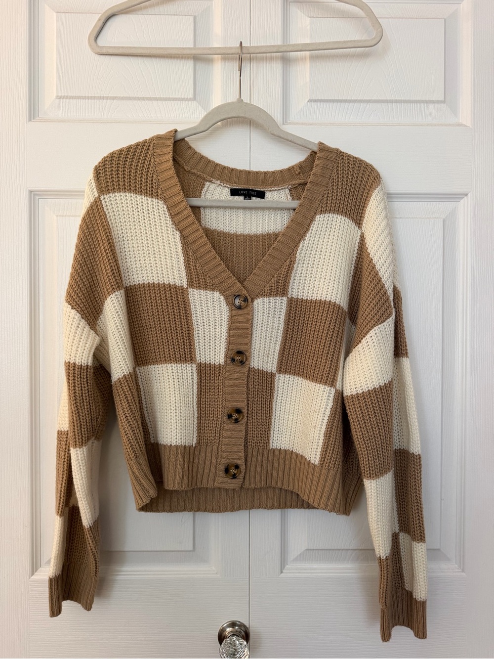 Love Tree Chunky Check V-Neck Button Cardigan - Cream & Brown